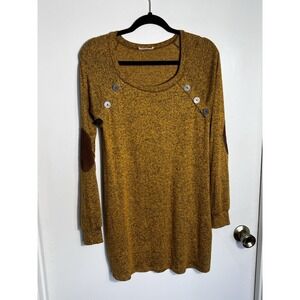 Twenty Second Women's Medium Mustard Tunic Sweater Elbow Patch Button Trim